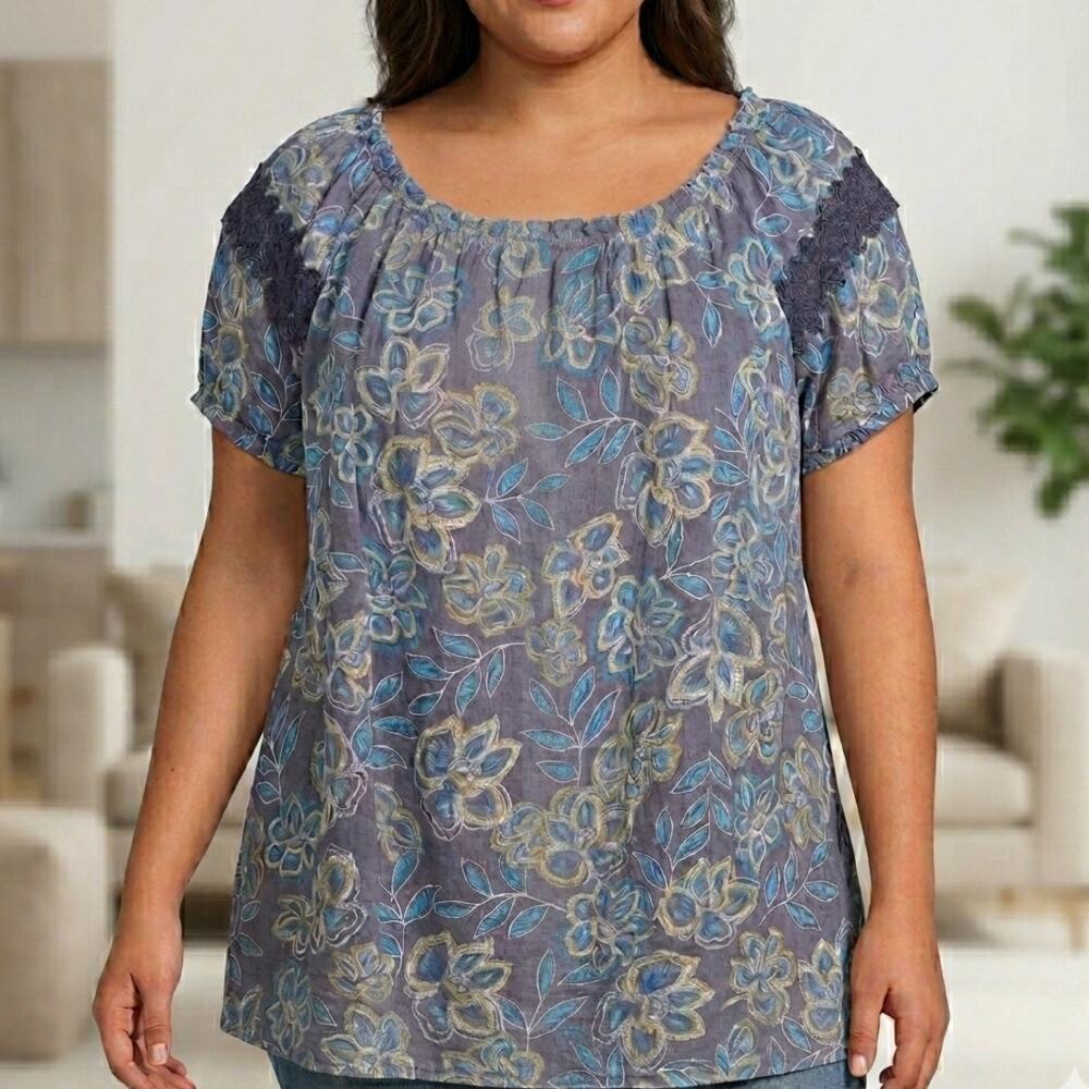 Como Blu Floral Peasant Blouse Size 2X Blue Crochet Lace Trim Boho Top NWOT